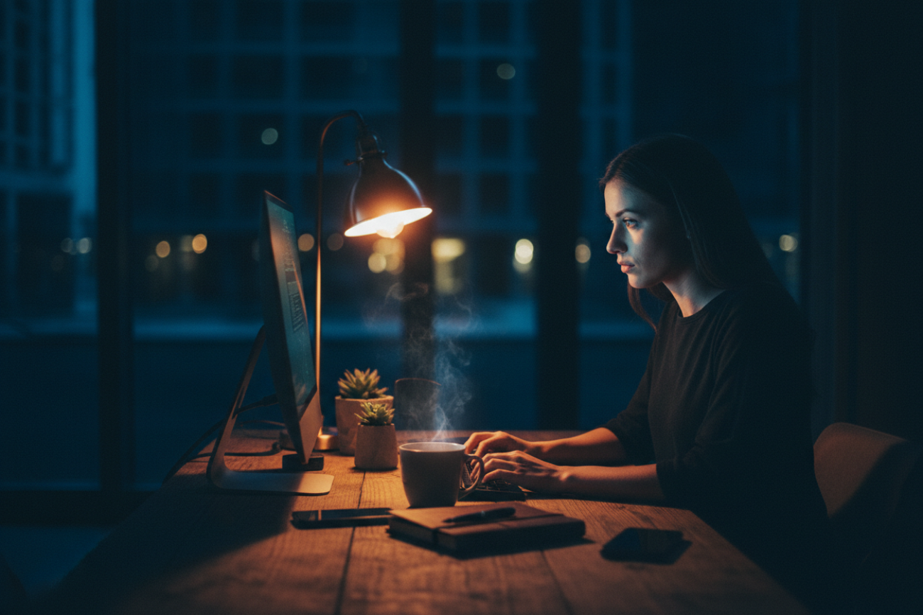 its a hero section backgournd picture ,size should desktop and mobile friendly ,a girl should working on a desktop pc ,color should dark dramitic ,a cup of tea should there ,aslo other things should present to desk ,layout shouold moiblen and pc friendly